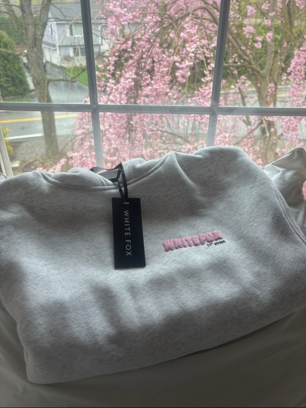 White Fox Boutique Light Gray Crewneck Sweatshirt with Pink Embroidery